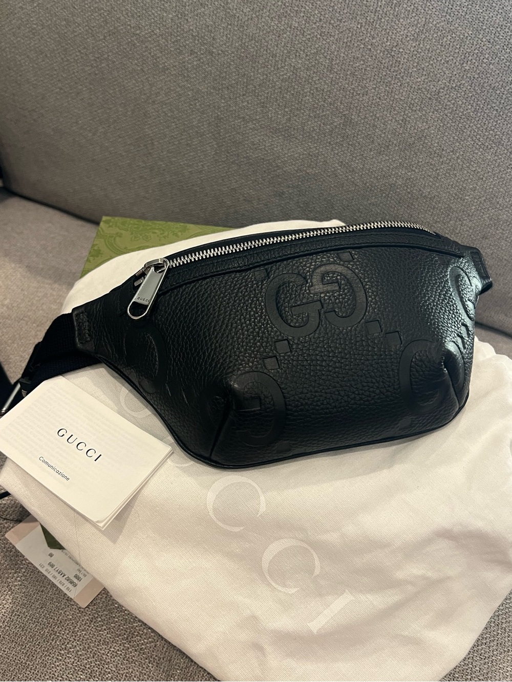 NWT Gucci Jumbo GG Small Belt Bag Black Embossed Leather Waist Fanny Pack